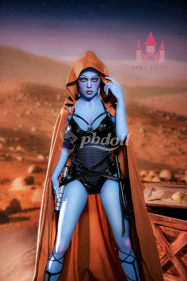 156cm E-Cup Blue Sci-Fi Fantasy TPE Sex Doll in Latex Corset & Hooded Cloak – Alien Warrior Cosplay | Dolls Castle A1