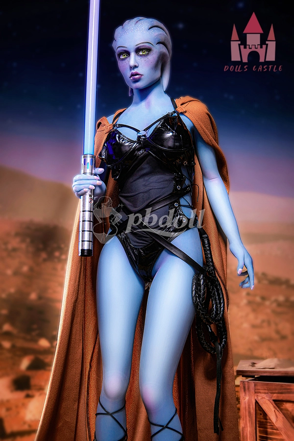 156cm E-Cup Blue Sci-Fi Fantasy TPE Sex Doll in Latex Corset & Hooded Cloak – Alien Warrior Cosplay | Dolls Castle A1