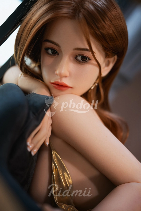 Ridmii Jada 164cm Hybrid Sex Doll – Chestnut Waves & Draped Gold Satin Gown