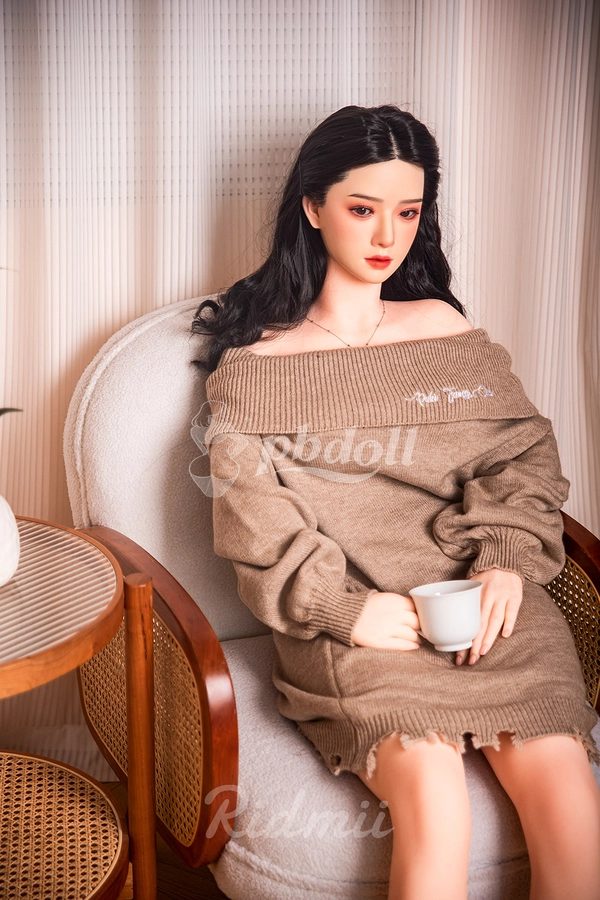 Ridmii Muncey 163cm Hybrid Sex Doll – Long Black Waves & Ribbed Off-Shoulder Knit