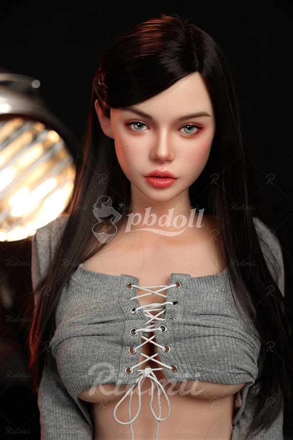 Ridmii 164cm Hybrid Sex Doll – Black Hair, Grey Lace-Up Cardigan & Silver Shorts