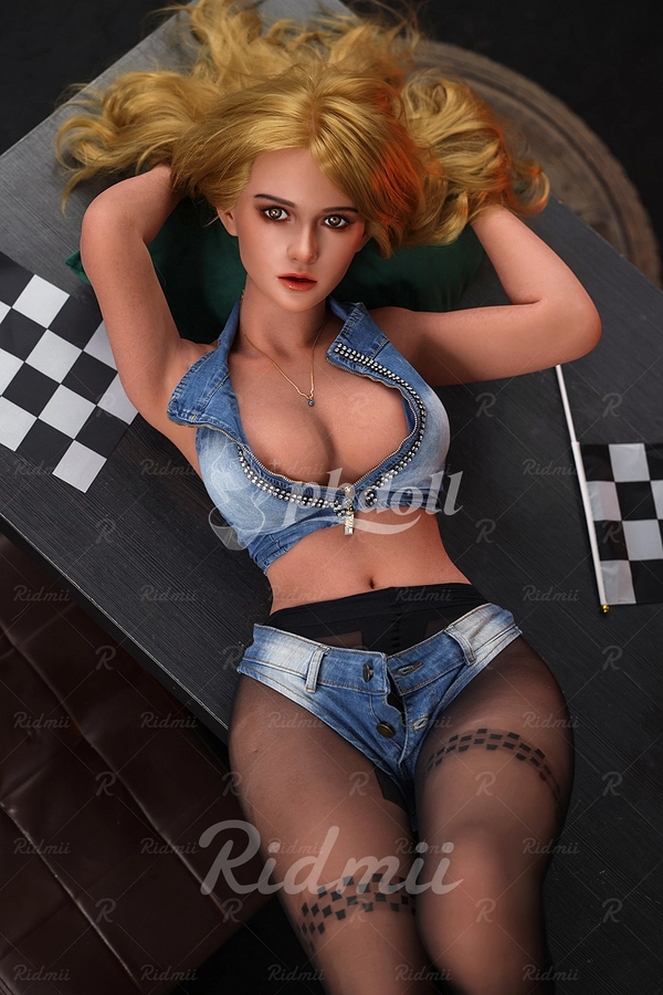 Ridmii 152cm Petite Hybrid Sex Doll – Blonde in Denim Halter Set with Oral Head