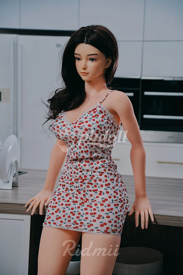 Ridmii Olympia 163cm Hybrid Sex Doll – Long Black Waves & Cherry Print Slip Dress