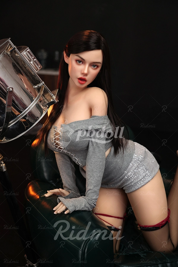 Ridmii 164cm Hybrid Sex Doll – Black Hair, Grey Lace-Up Cardigan & Silver Shorts