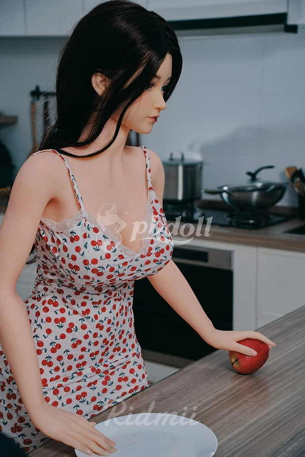 Ridmii Olympia 163cm Hybrid Sex Doll – Long Black Waves & Cherry Print Slip Dress